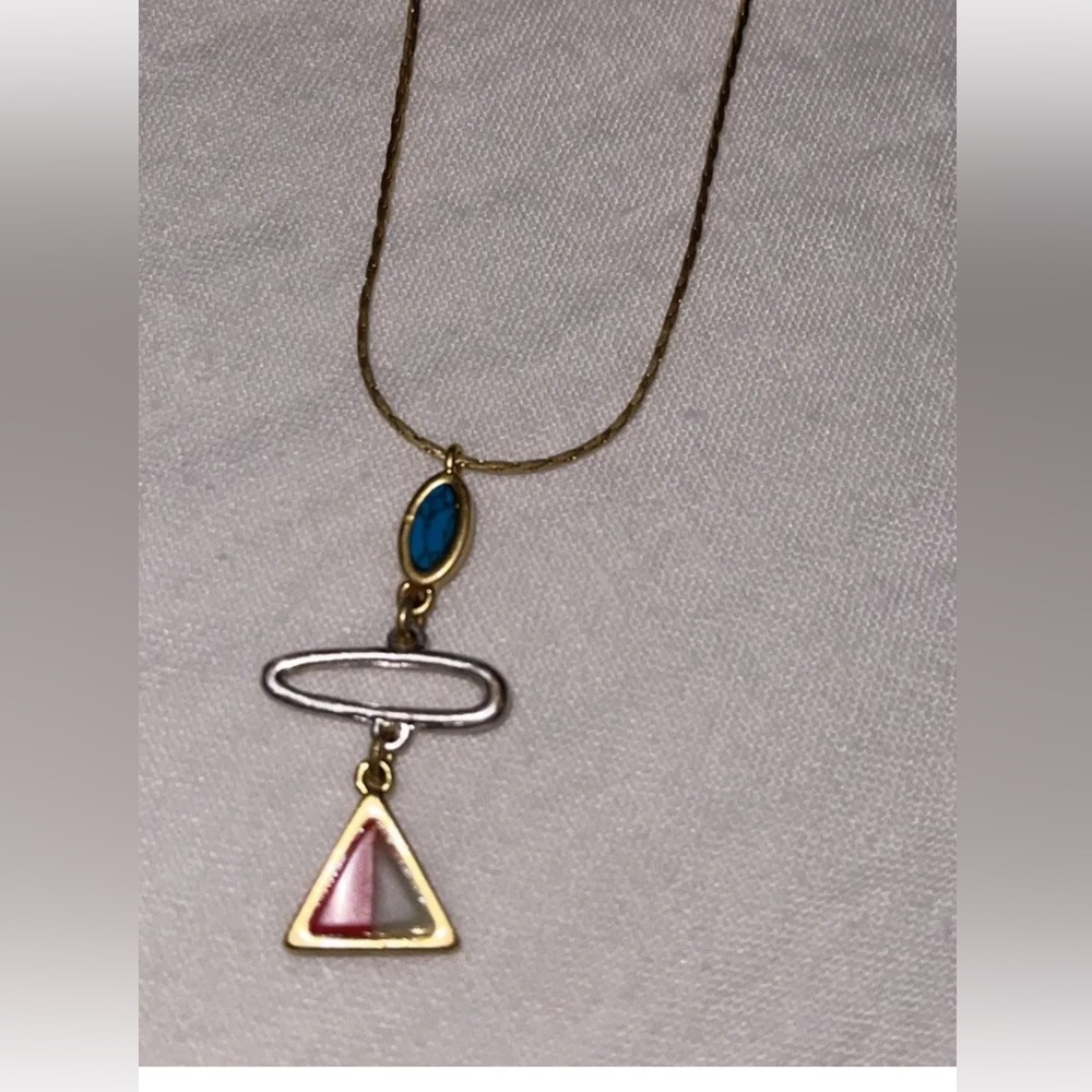 Madewell Gold Tone Southwestern Aztec Red Turquoise Marble Long Necklace Silver